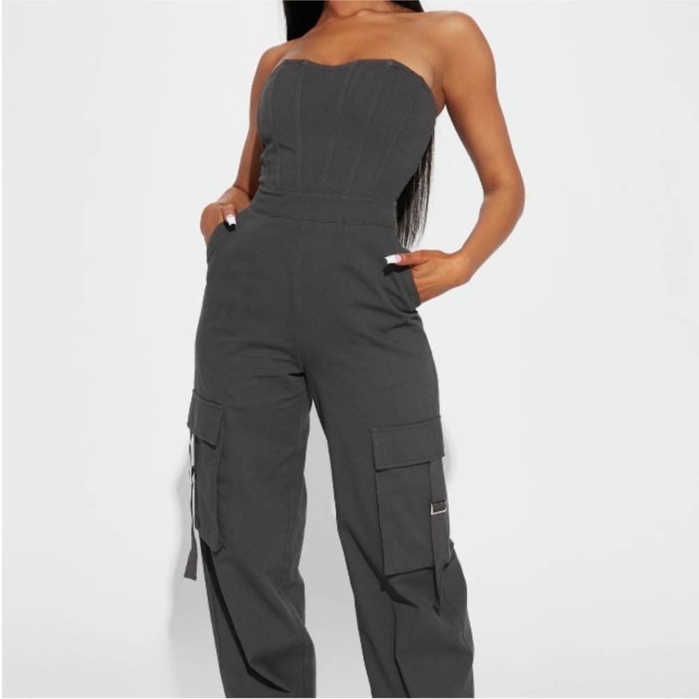 Fashion Nova Gray Strapless Cargo Jumpsuit